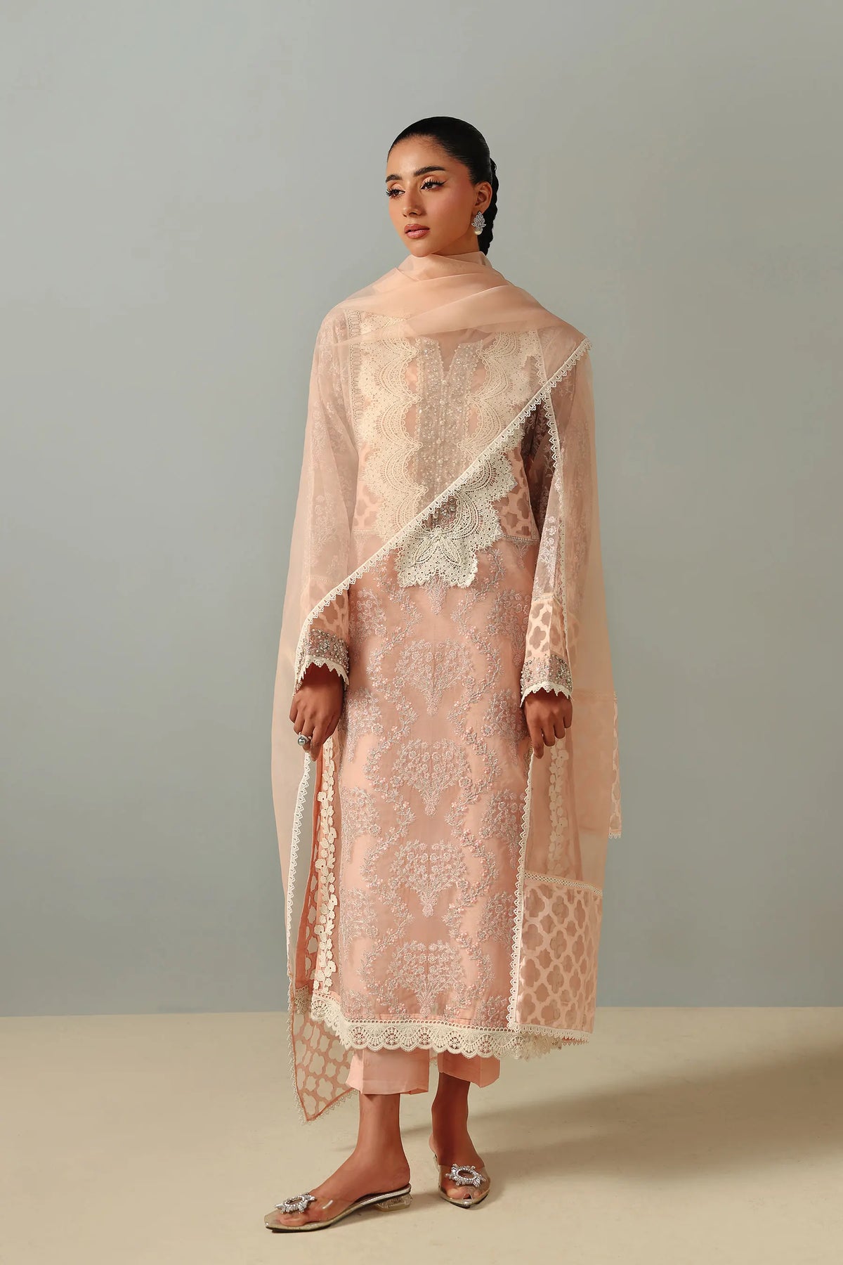 Lacy Peach Kurta Set (D-16)