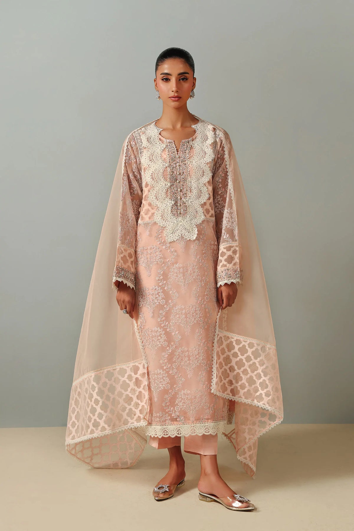 Lacy Peach Kurta Set (D-16)