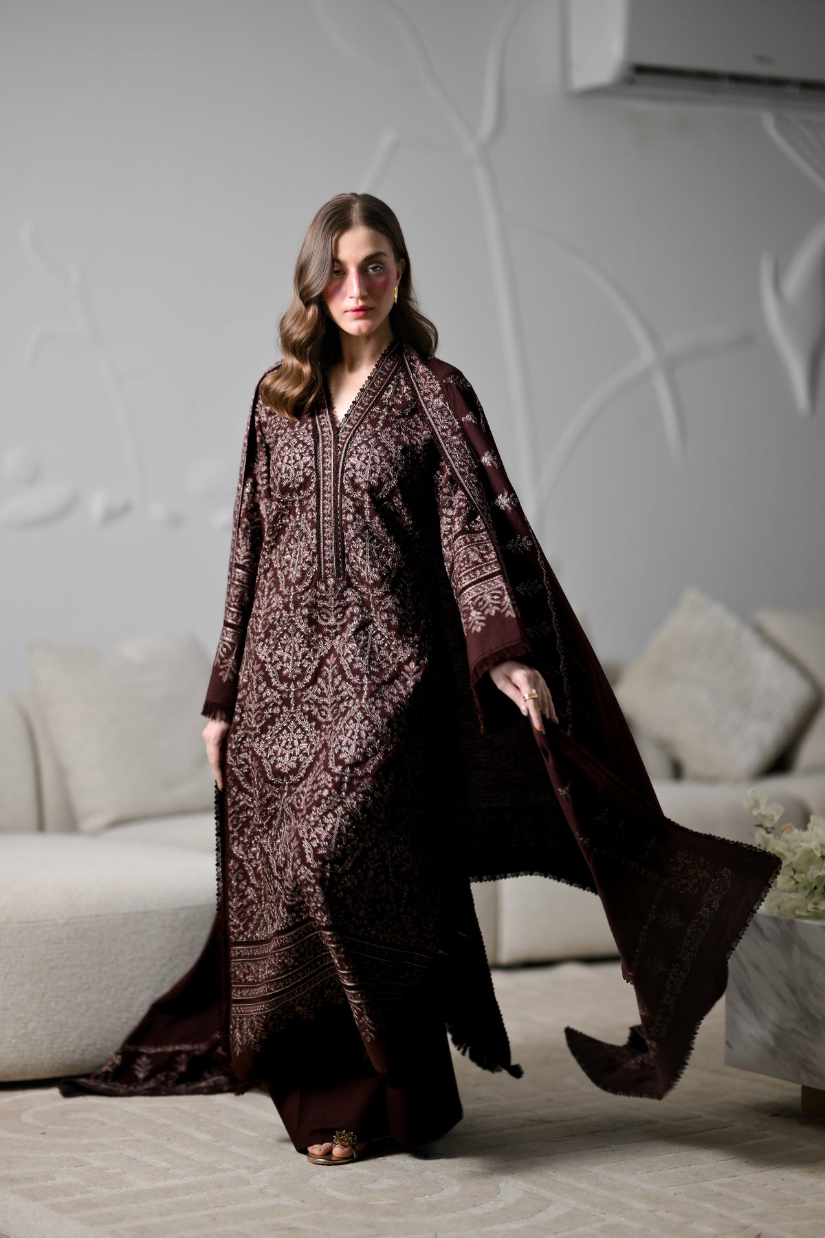 MIRA I - CHOCOLATE BROWN LUXURY EMBROIDERED KARANDI 3PCS SET (NEL-26634)
