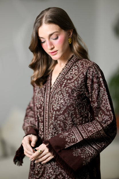 MIRA I - CHOCOLATE BROWN LUXURY EMBROIDERED KARANDI 3PCS SET (NEL-26634)