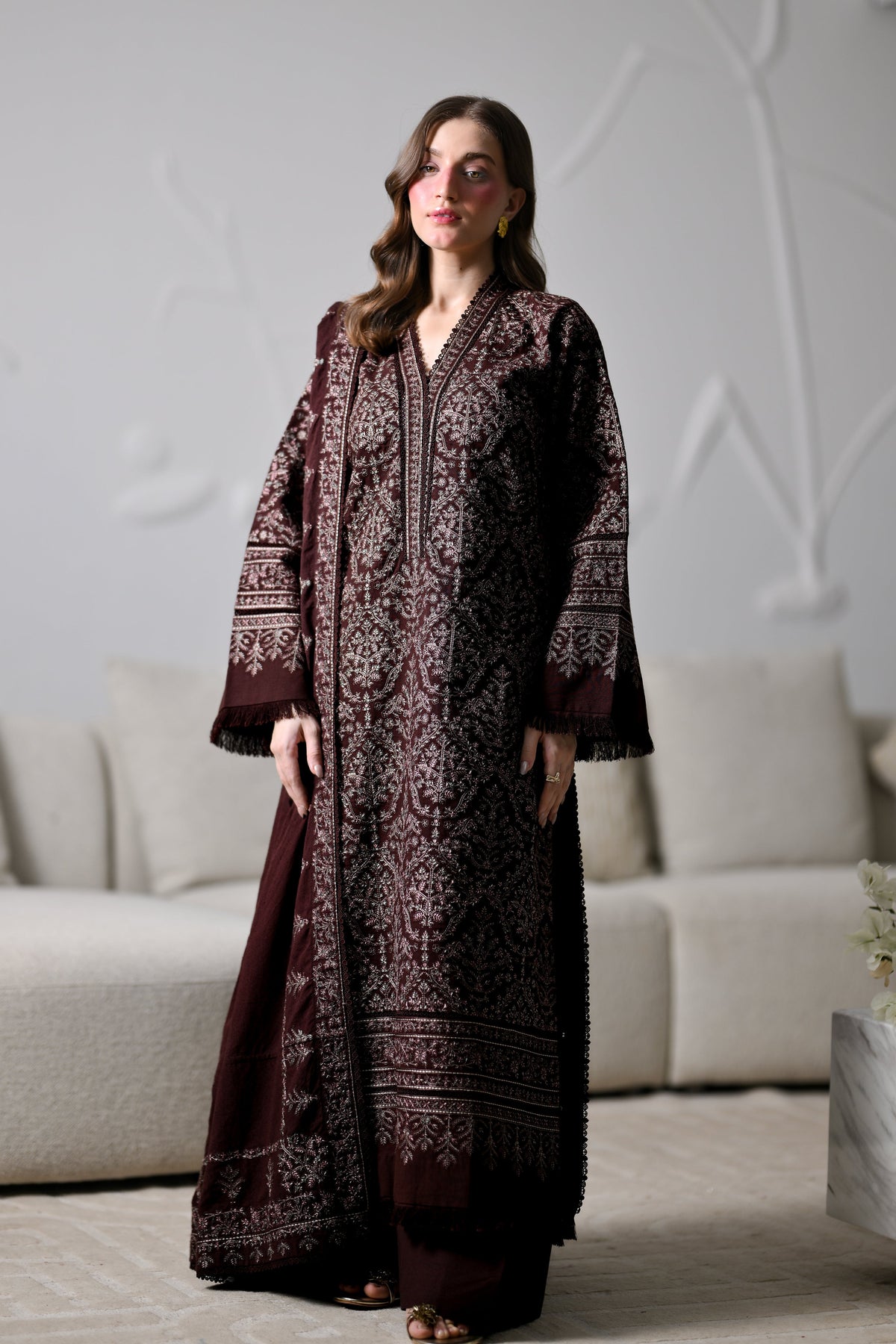 MIRA I - CHOCOLATE BROWN LUXURY EMBROIDERED KARANDI 3PCS SET (NEL-26634)