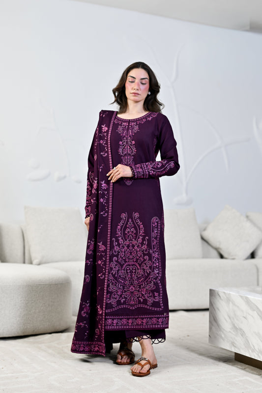 DALIA - DEEP PLUM LUXURY EMBROIDERED KARANDI 3PCS SET (NEL-26635)