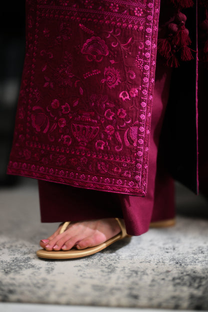 CELIA - BURGUNDY LUXURY EMBROIDERED KARANDI 3PCS SET (NEL-26637)