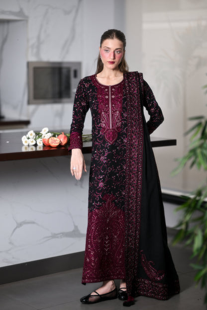 SOON - BLACK AND MAROON LUXURY EMBROIDERED KARANDI 3PCS SET (NEL-26643)